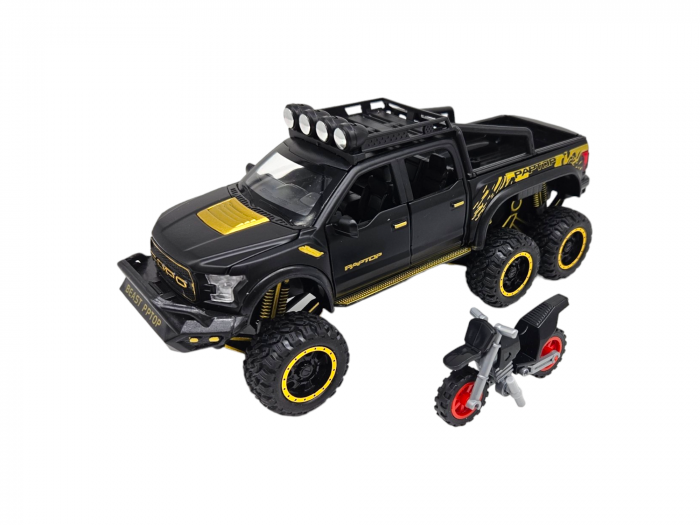 Masina metalica, cu sunete si lumini, usi mobile, capota mobila, jeep, tip Ford Raptor, cu motocicleta detasabila, Scara 1:28, Negru, 21cm Negru [1]