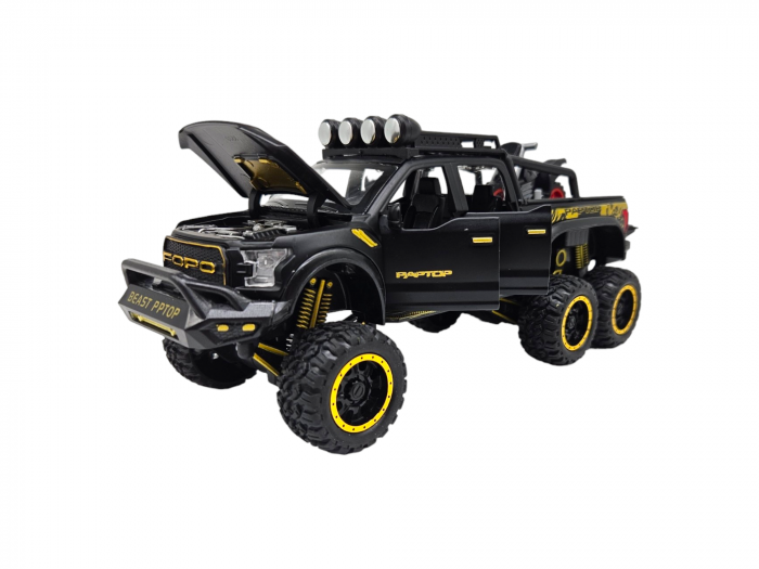 Masina metalica, cu sunete si lumini, usi mobile, capota mobila, jeep, tip Ford Raptor, cu motocicleta detasabila, Scara 1:28, Negru, 21cm Negru [10]