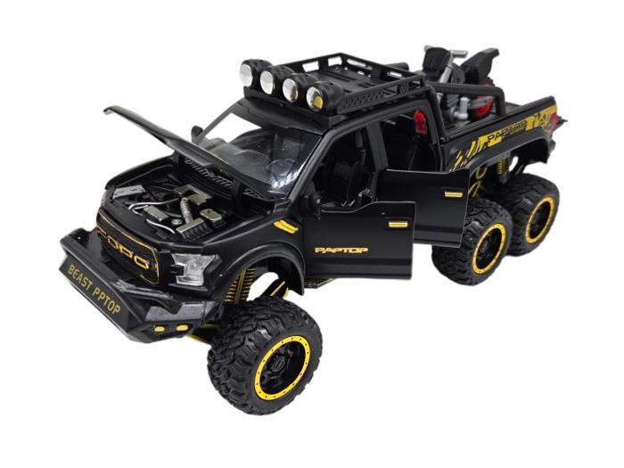 Masina metalica, cu sunete si lumini, usi mobile, capota mobila, jeep, tip Ford Raptor, cu motocicleta detasabila, Scara 1:28, Negru, 21cm Negru [9]