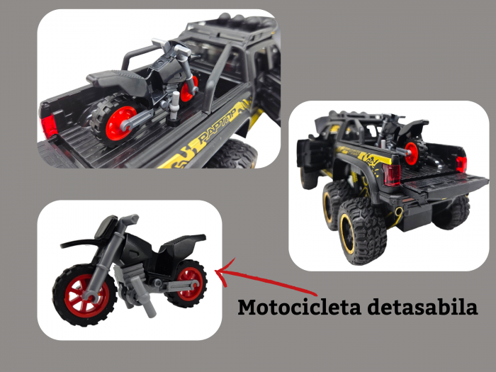 Masina metalica, cu sunete si lumini, usi mobile, capota mobila, jeep, tip Ford Raptor, cu motocicleta detasabila, Scara 1:28, Negru, 21cm Negru [6]