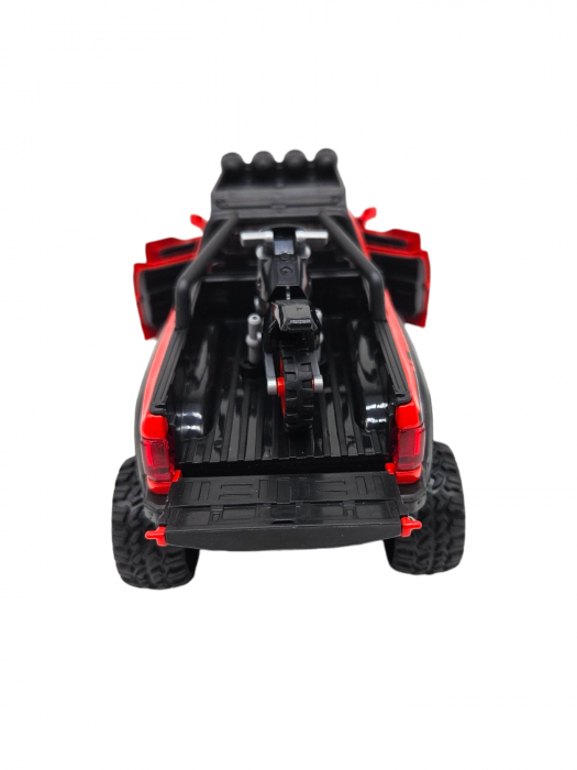 Masina metalica, cu sunete si lumini, usi mobile, capota mobila, jeep, tip Ford Raptor, cu motocicleta detasabila, Scara 1:28, 21cm, Rosu [9]