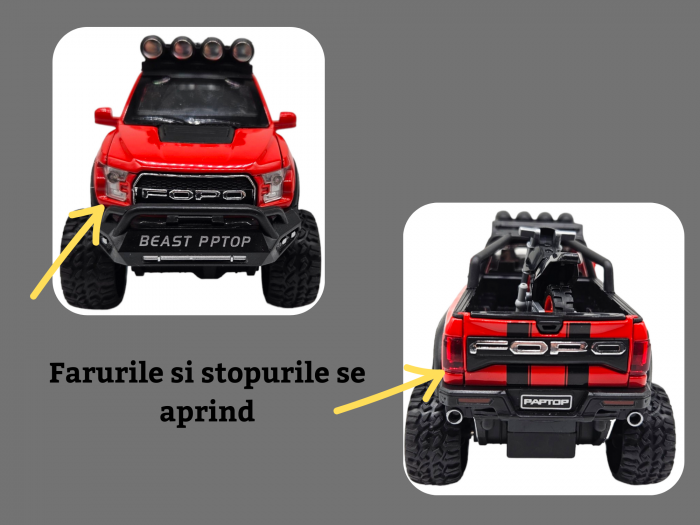 Masina metalica, cu sunete si lumini, usi mobile, capota mobila, jeep, tip Ford Raptor, cu motocicleta detasabila, Scara 1:28, 21cm, Rosu [5]