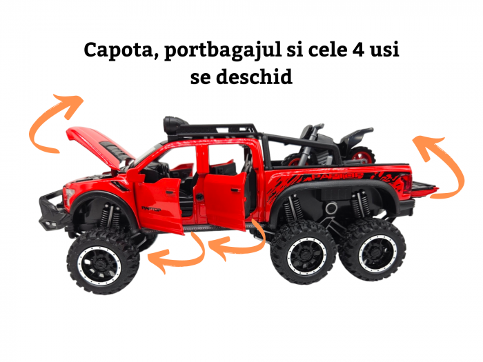 Masina metalica, cu sunete si lumini, usi mobile, capota mobila, jeep, tip Ford Raptor, cu motocicleta detasabila, Scara 1:28, 21cm, Rosu [2]