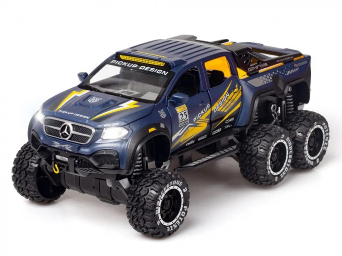 Masina Metalica de teren tip Mercedes Pick-Up, cu Sunete si Lumini, Usile, capota si portbagajul se deschid, 6 roti, Functie Pull-back, 20, 5cm, Albastru [7]