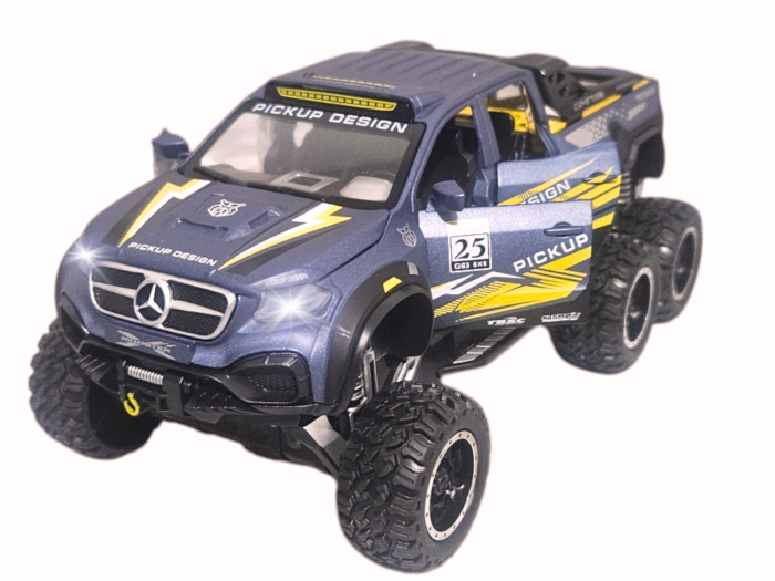 Masina Metalica de teren tip Mercedes Pick-Up, cu Sunete si Lumini, Usile, capota si portbagajul se deschid, 6 roti, Functie Pull-back, 20, 5cm, Albastru [1]