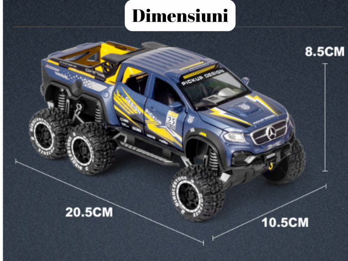 Masina Metalica de teren tip Mercedes Pick-Up, cu Sunete si Lumini, Usile, capota si portbagajul se deschid, 6 roti, Functie Pull-back, 20, 5cm, Albastru [5]