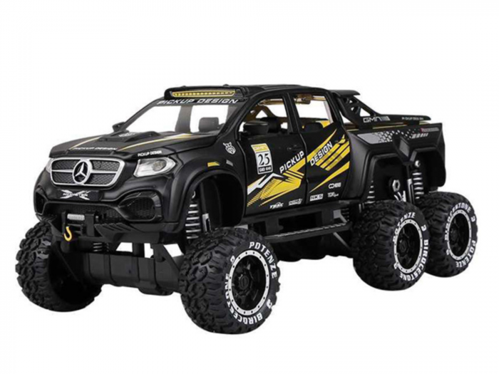 Masina Metalica de teren tip Mercedes Pick-Up, cu Sunete si Lumini, Usile, capota si portbagajul se deschid, 6 roti, Functie Pull-back, 20, 5cm, Negru [7]