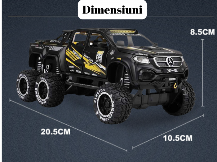 Masina Metalica de teren tip Mercedes Pick-Up, cu Sunete si Lumini, Usile, capota si portbagajul se deschid, 6 roti, Functie Pull-back, 20, 5cm, Negru [5]