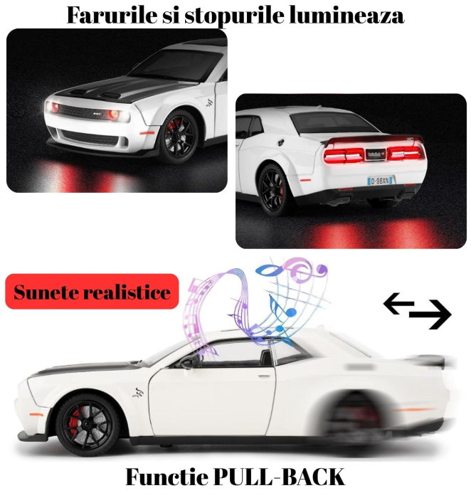 Masinuta metalica Dodge cu efecte de aburi, lumini si sunete, 21cm, Alb [3]