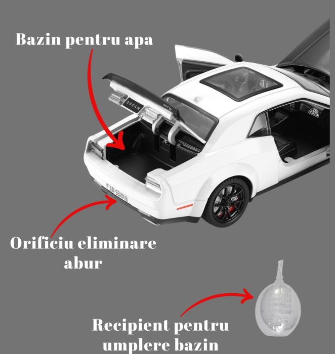 Masinuta metalica Dodge cu efecte de aburi, lumini si sunete, 21cm, Alb [5]