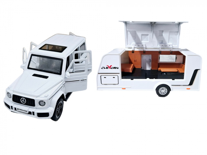 Masina metalica jeep Mercedes G Class cu rulota, Usile, capota si portbagajul se deschid, Sunete si lumini, 34 cm, Alb, Scara 1:32, Replica [1]