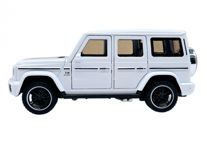 Masina metalica jeep Mercedes G Class cu rulota, Usile, capota si portbagajul se deschid, Sunete si lumini, 34 cm, Alb, Scara 1:32, Replica [15]
