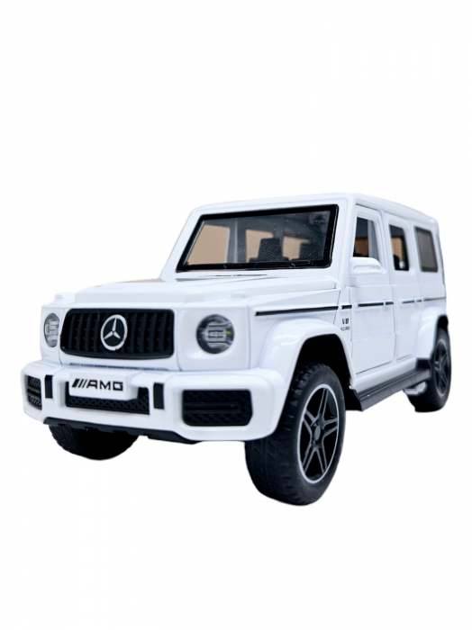 Masina metalica jeep Mercedes G Class cu rulota, Usile, capota si portbagajul se deschid, Sunete si lumini, 34 cm, Alb, Scara 1:32, Replica [16]