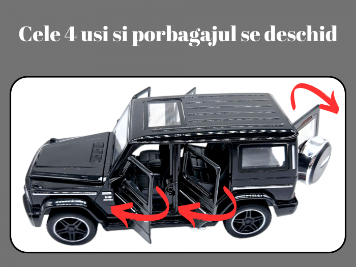 Masina metalica jeep Mercedes G Class cu rulota, Usile, capota si portbagajul se deschid, Sunete si lumini, 34 cm, Negru, Scara 1:32, Replica [3]