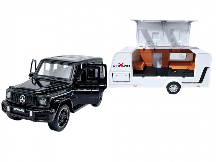 Masina metalica jeep Mercedes G Class cu rulota, Usile, capota si portbagajul se deschid, Sunete si lumini, 34 cm, Negru, Scara 1:32, Replica [1]