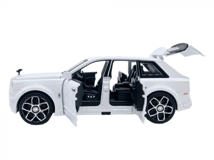 Masina metalica jeep tip Rolls Royce cu rulota, Usile, capota si portbagajul se deschid, Sunete si lumini, 34 cm, Alb, Scara 1:32 [13]