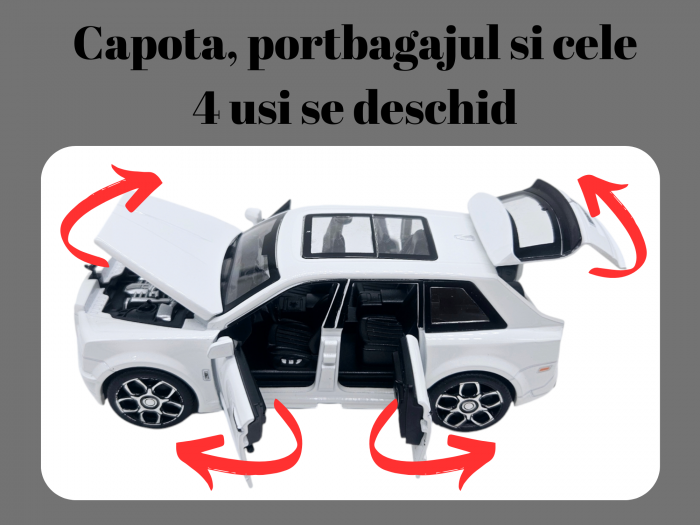 Masina metalica jeep tip Rolls Royce cu rulota, Usile, capota si portbagajul se deschid, Sunete si lumini, 34 cm, Alb, Scara 1:32 [2]