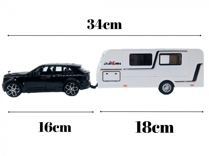 Masina metalica jeep tip Rolls Royce cu rulota, Usile, capota si portbagajul se deschid, Sunete si lumini, 34 cm, Negru, Scara 1:32 [2]