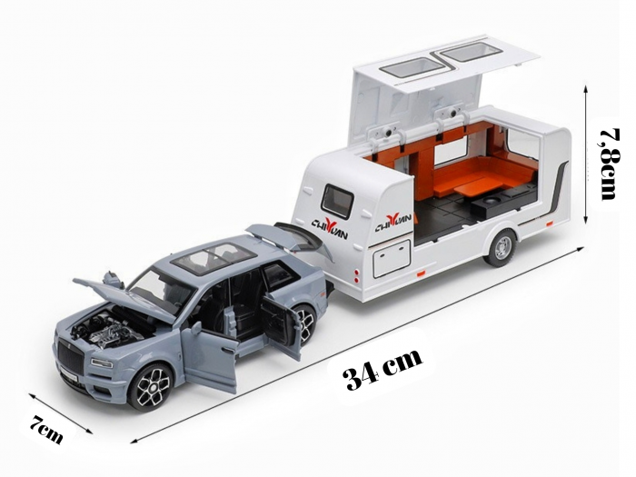 Masina metalica jeep tip Rolls Royce cu rulota, Usile, capota si portbagajul se deschid, Sunete si lumini, 34 cm, GRI, Scara 1:32 [5]