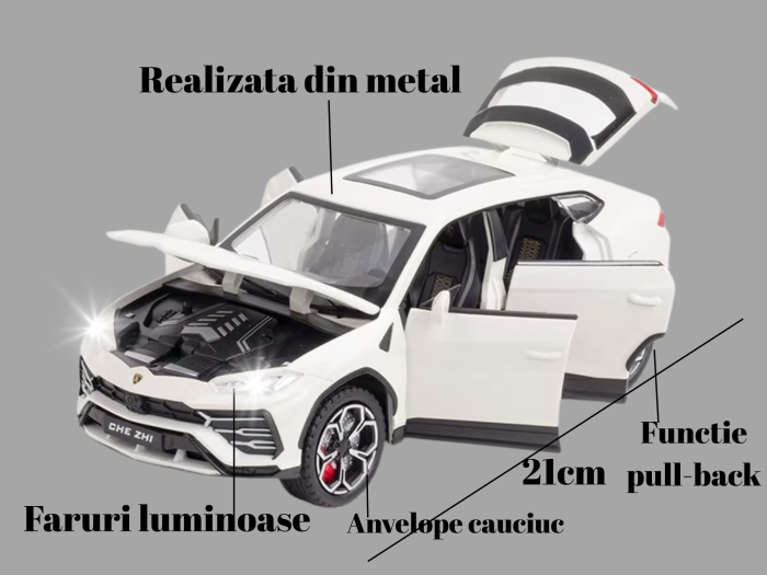 Masina metalica Lamborghini Urus, efecte fum, Sunete realistice, Farurile si stopurile lumineaza, Capota, portbagajul si cele 4 usi se deschid, Baterii incluse, 21cm, Alb, Replica [2]