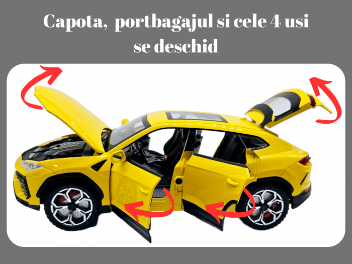 Masina metalica Lamborghini Urus, efecte fum, Sunete realistice, Farurile si stopurile lumineaza, Capota, portbagajul si cele 4 usi se deschid, Baterii incluse, 21cm, Galben, Replica [4]