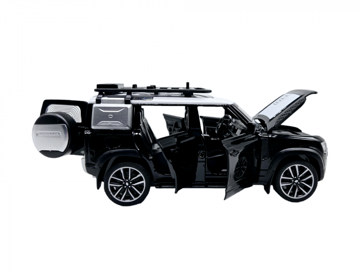 Masina metalica Land Rover Defender cu accesorii, Sunete realistice, Farurile si stopurile lumineaza, Usile, capota si portbagajul se deschid, Baterii incluse, 16cm, Negru, Scara 1:32, Replica [7]