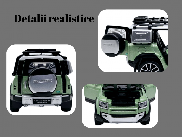 Masina metalica Land Rover Defender cu accesorii, Sunete realistice, Farurile si stopurile lumineaza, Usile, capota si portbagajul se deschid, Baterii incluse, 16cm, Verde, Scara 1:32, Replica [4]