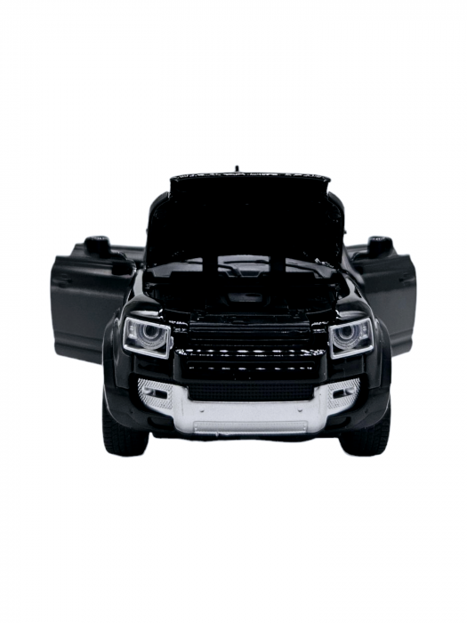Masina metalica Land Rover Defender cu accesorii, Sunete realistice, Farurile si stopurile lumineaza, Usile, capota si portbagajul se deschid, Baterii incluse, 16cm, Negru, Scara 1:32, Replica [8]