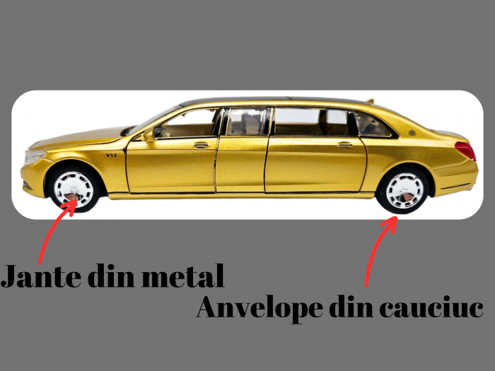 Masina metalica limuzina Mercedes S650 Maybach, 3 sunete, farurile si stopurile lumineaza, usile, capota si portbagaj se deschid, Baterii incluse, 20cm, Auriu, Replica [4]
