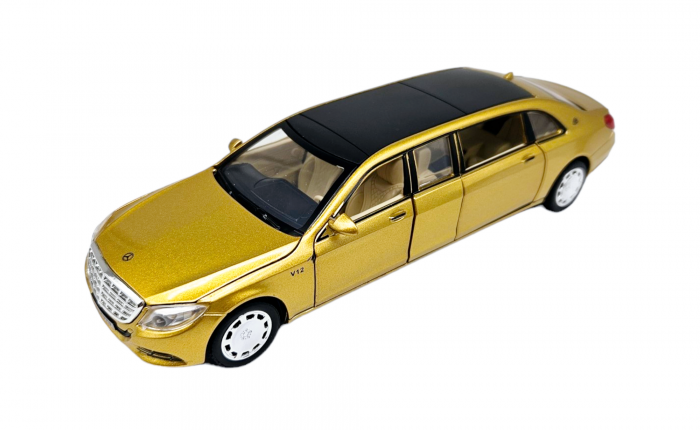 Masina metalica limuzina Mercedes S650 Maybach, 3 sunete, farurile si stopurile lumineaza, usile, capota si portbagaj se deschid, Baterii incluse, 20cm, Auriu, Replica [9]