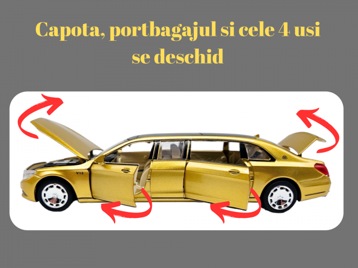 Masina metalica limuzina Mercedes S650 Maybach, 3 sunete, farurile si stopurile lumineaza, usile, capota si portbagaj se deschid, Baterii incluse, 20cm, Auriu, Replica [2]