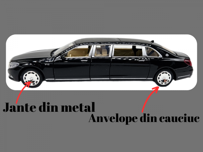 Masina metalica limuzina Mercedes S650 Maybach, 3 sunete, farurile si stopurile lumineaza, usile, capota si portbagaj se deschid, Baterii incluse, 20cm, Negru, Replica [6]