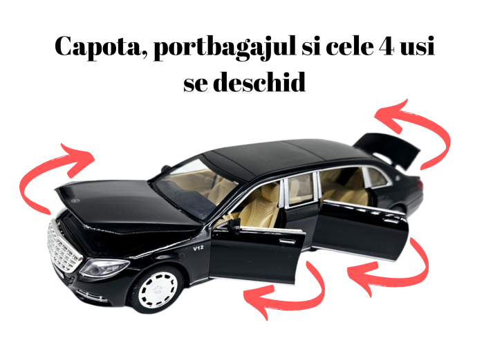 Masina metalica limuzina Mercedes S650 Maybach, 3 sunete, farurile si stopurile lumineaza, usile, capota si portbagaj se deschid, Baterii incluse, 20cm, Negru, Replica [2]