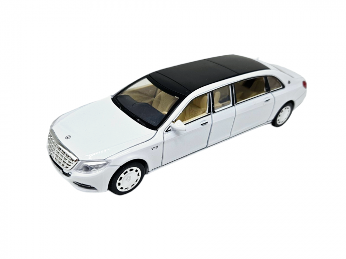 Masina metalica limuzina Mercedes S650 Maybach, 3 sunete, farurile si stopurile lumineaza, usile, capota si portbagaj se deschid, Baterii incluse, 20cm, Alb, Replica [6]