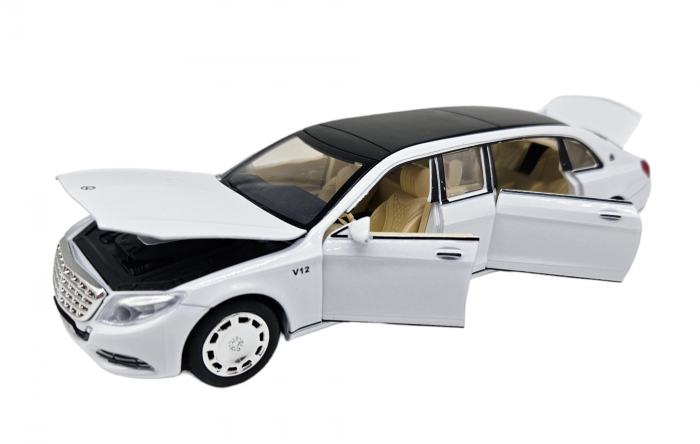 Masina metalica limuzina Mercedes S650 Maybach, 3 sunete, farurile si stopurile lumineaza, usile, capota si portbagaj se deschid, Baterii incluse, 20cm, Alb, Replica [1]