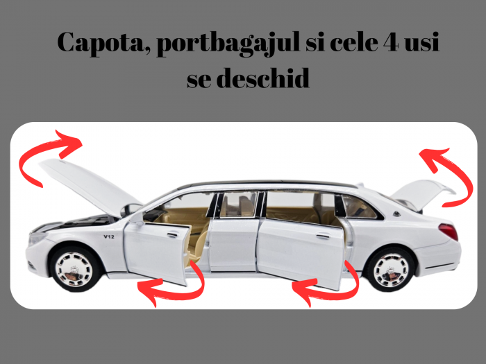 Masina metalica limuzina Mercedes S650 Maybach, 3 sunete, farurile si stopurile lumineaza, usile, capota si portbagaj se deschid, Baterii incluse, 20cm, Alb, Replica [2]