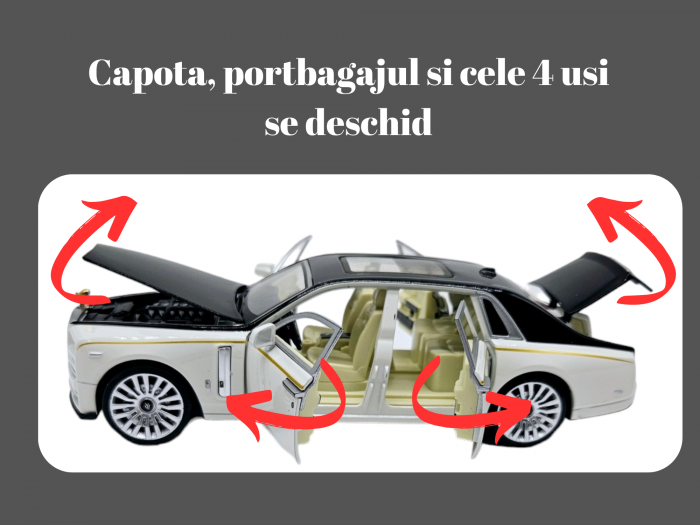 Masina metalica limuzina Rolls Royce Phantom, 3 sunete realistice, Farurile si stopurile lumineaza, Usile, capota si portbagajul se deschid, Baterii incluse, 18cm, Alb, Scara 1:32, Replica [2]