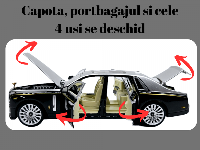 Masina metalica limuzina Rolls Royce Phantom, 3 sunete realistice, Farurile si stopurile lumineaza, Usile, capota si portbagajul se deschid, Baterii incluse, 18cm, Negru, Scara 1:32, Replica [2]