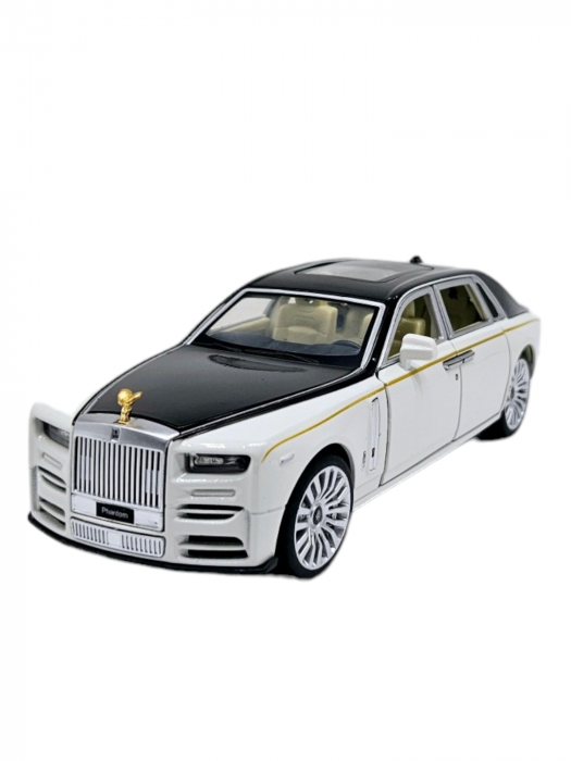 Masina metalica limuzina Rolls Royce Phantom, 3 sunete realistice, Farurile si stopurile lumineaza, Usile, capota si portbagajul se deschid, Baterii incluse, 18cm, Alb, Scara 1:32, Replica [6]