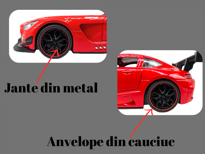 Masina metalica Mercedes AMG GT-R, cu sunete realistice, farurile si stopurile lumineaza, usile, capota si portbagaj se deschid, baterii incluse, 20cm, Rosu, Replica [4]