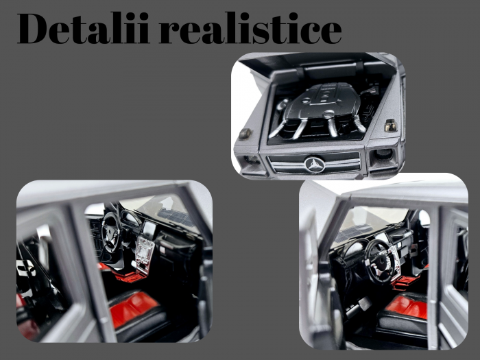 Masina metalica Mercedes G-Class G65, 3 sunete realistice, Farurile lumineaza, Usile, capota si portbagajul se deschid, Baterii incluse,  21cm, Gri, Replica [4]