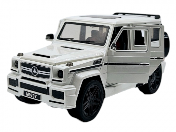 Masina metalica Mercedes G-Class G65, 3 sunete realistice, Farurile lumineaza, Usile, capota si portbagajul se deschid, Baterii incluse,  21cm, Alb, Replica [1]