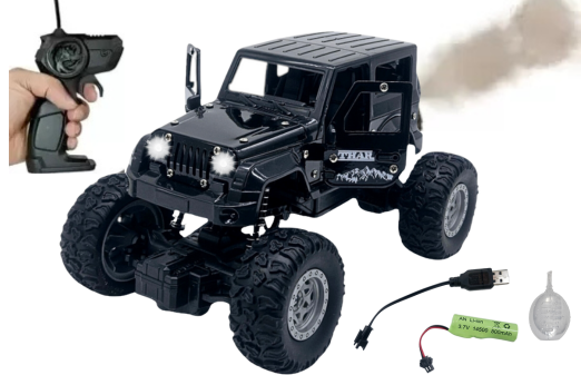 Masina metalica Monster Truck cu telecomanda, Efecte de Fum, Lumini, Usile se deschid, Baterie reincarcabila, Cablu USB, Amortizoare, 22cm, Negru, Ergino [1]