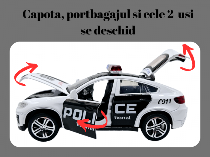 Masina metalica Politie BMW X6, Sunete realistice, Farurile si girofarele lumineaza, Usile, capota si portbagajul se deschid, Baterii incluse, 15cm, Replica [2]