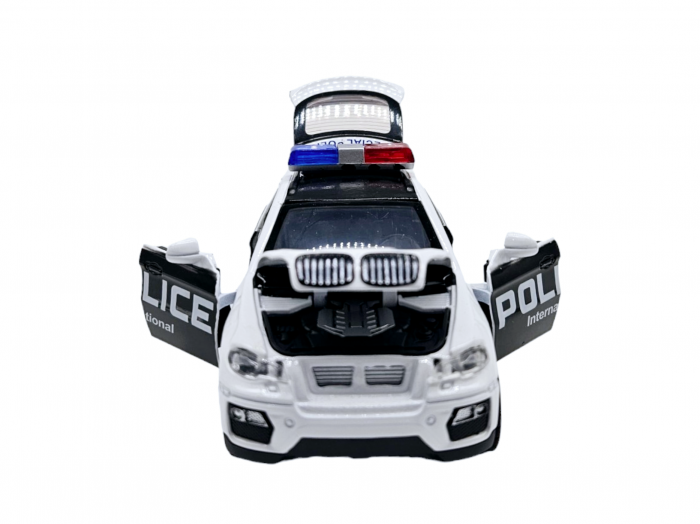 Masina metalica Politie BMW X6, Sunete realistice, Farurile si girofarele lumineaza, Usile, capota si portbagajul se deschid, Baterii incluse, 15cm, Replica [4]