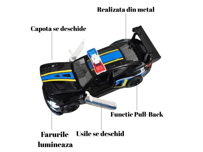 Masina Metalica Politie tip BMW M3, Sunete si Lumini, Usi Mobile, Pull-Back, 15.5cm, Negru [3]