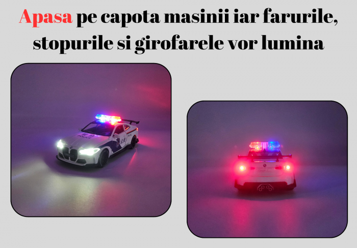 Masina metalica Politie tip BMW M4 Coupe, Sunete si lumini, Usile, capota si portbagajul se deschid, Baterii incluse, 16cm, Scara 1:32, Alb [3]