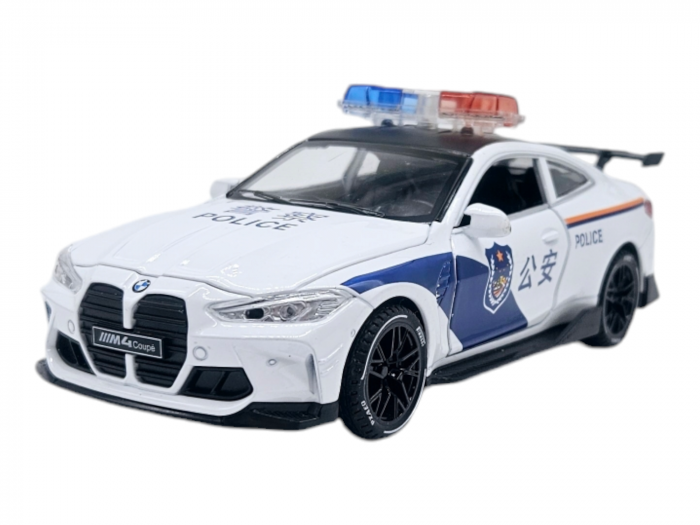 Masina metalica Politie tip BMW M4 Coupe, Sunete si lumini, Usile, capota si portbagajul se deschid, Baterii incluse, 16cm, Scara 1:32, Alb [6]