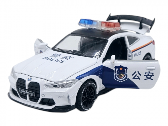 Masina metalica Politie tip BMW M4 Coupe, Sunete si lumini, Usile, capota si portbagajul se deschid, Baterii incluse, 16cm, Scara 1:32, Alb [1]