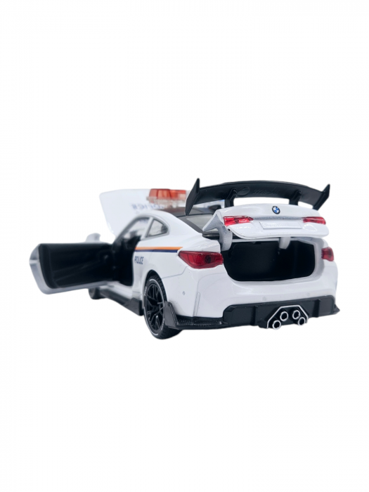 Masina metalica Politie tip BMW M4 Coupe, Sunete si lumini, Usile, capota si portbagajul se deschid, Baterii incluse, 16cm, Scara 1:32, Alb [7]